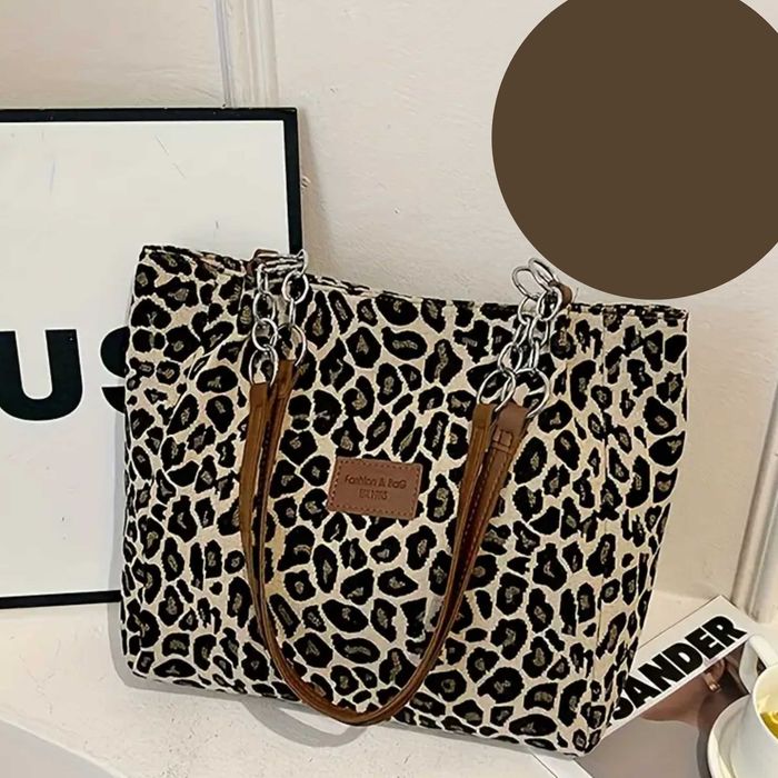 Torebka Sztruksowa na Ramię –Panterka, , Lekka i Pojemna- brazowy