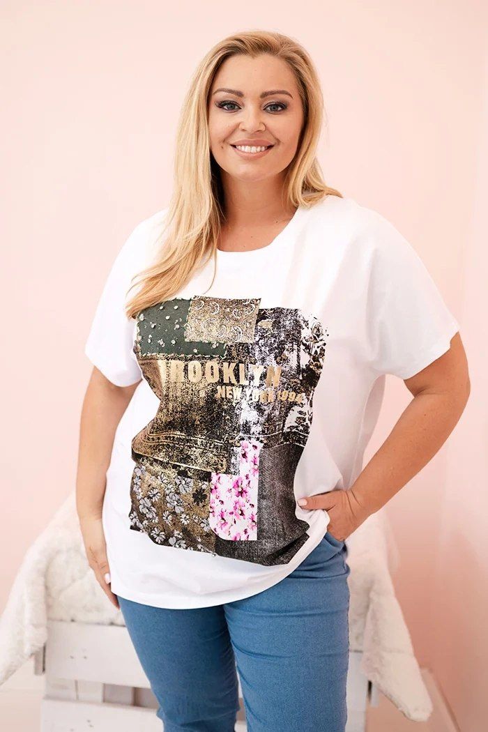 Bluzka Plus Size Biała Khaki Nadruk Brooklyn Patchwork XXL 3XL 4XL