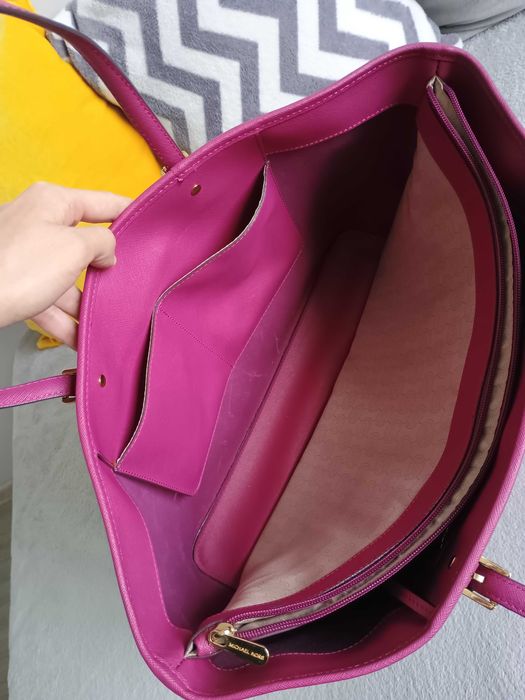 Oryginalna skórzana duża, pojemna torba shopper MK Michael Kors fuksja