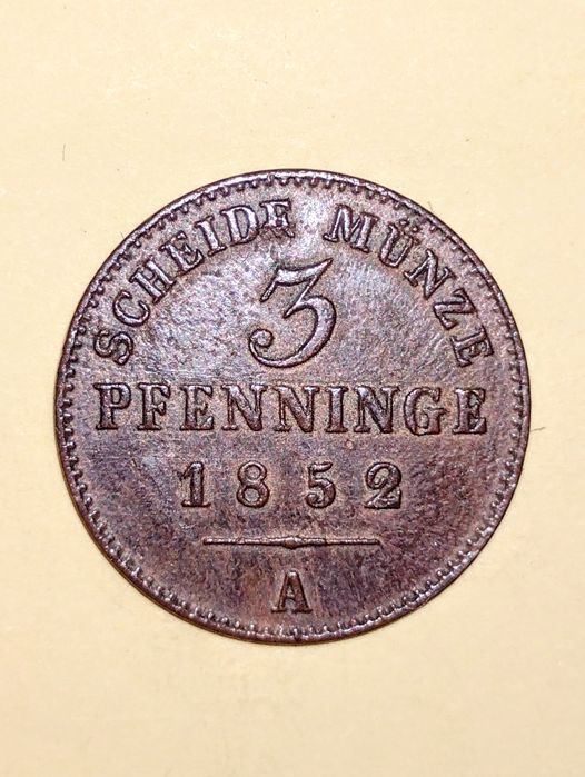 3 PFENINGE 1852 A (Prusy, Fryderyk Wilhelm IV) destrukt