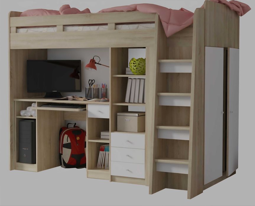 Łóżko piętrowe z biurkiem i szafą