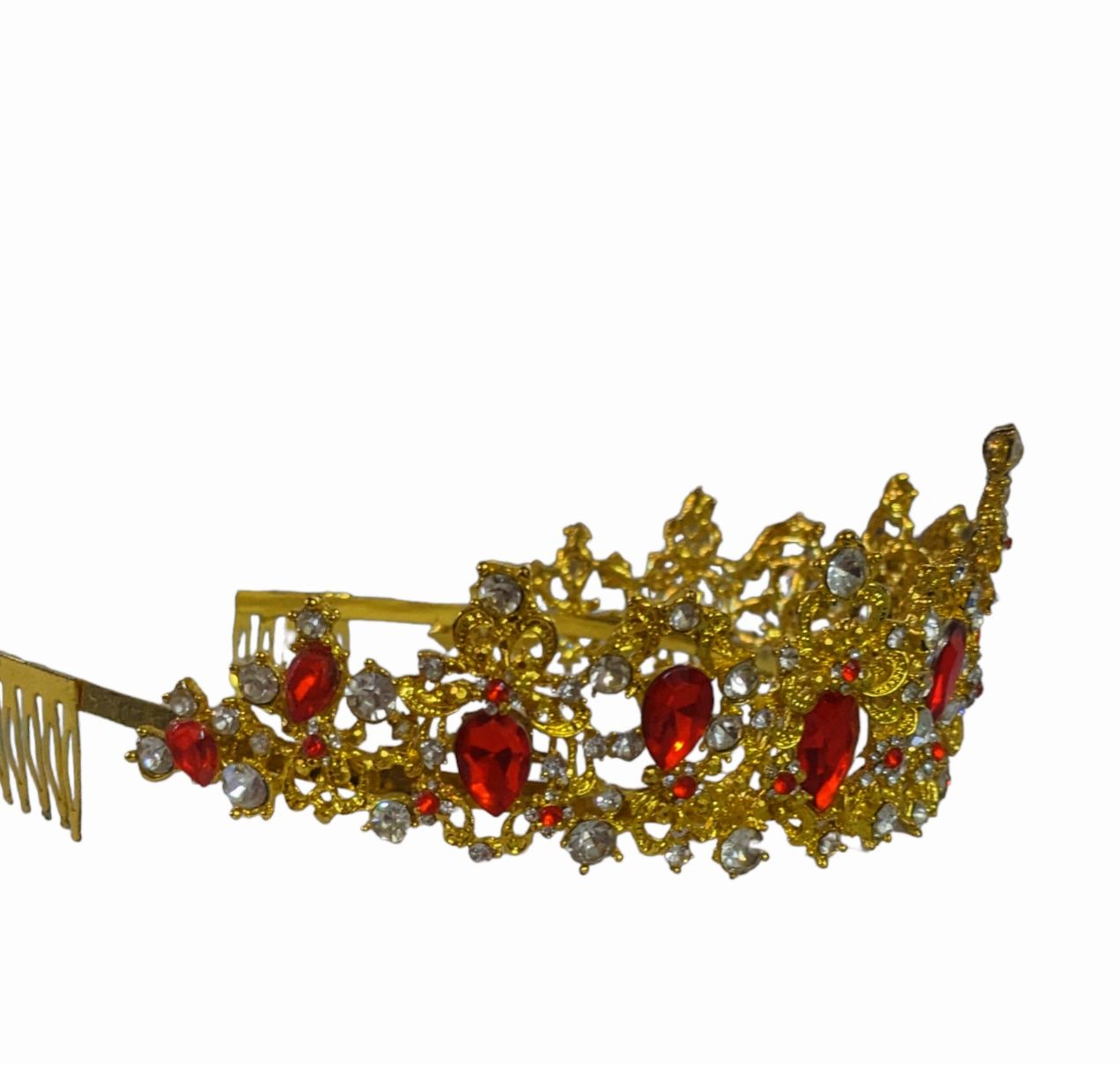 Діадема корона в золотому кольорі з червоними камінцями