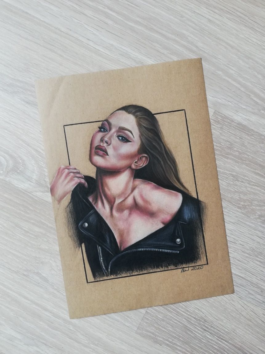 Gigi Hadid portret, rysunek realistyczny kredki A4 plakat obraz