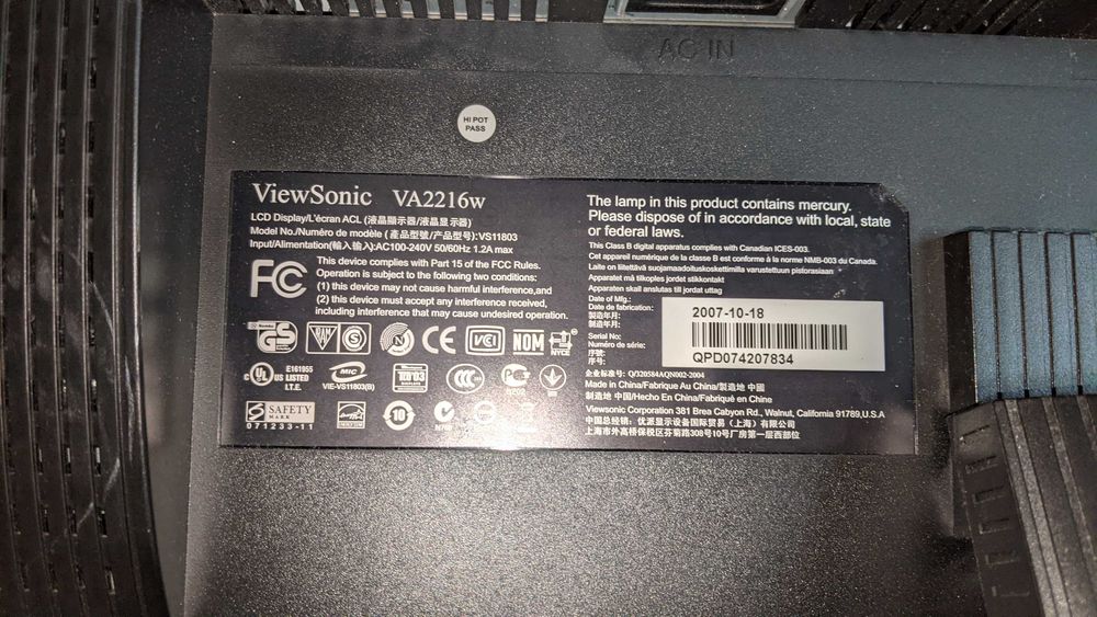 Монітор 22 ViewSonic VA2216w Black Grey 22"