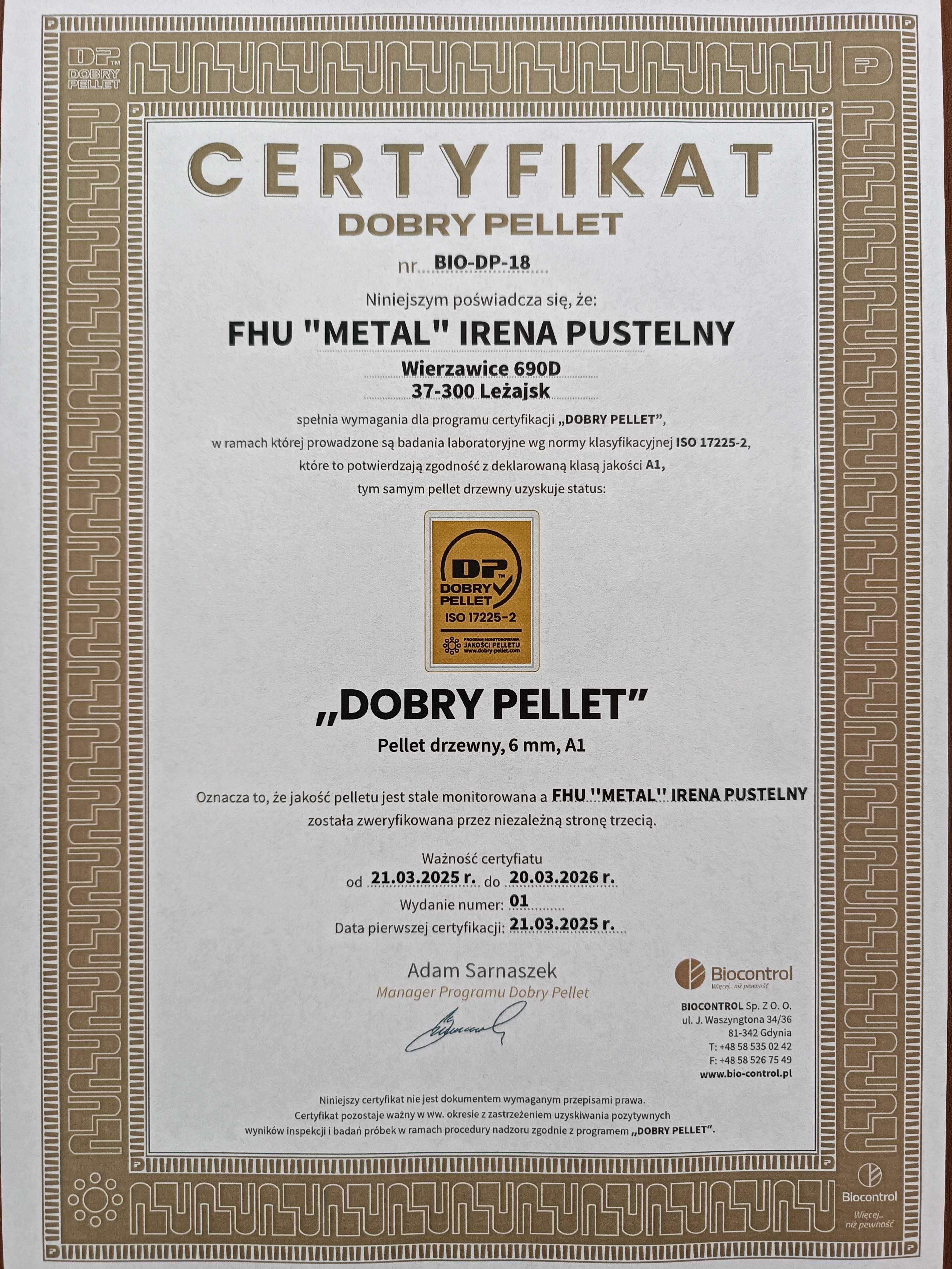 Pellet sosnowy Jasny 6 Certyfikat A1