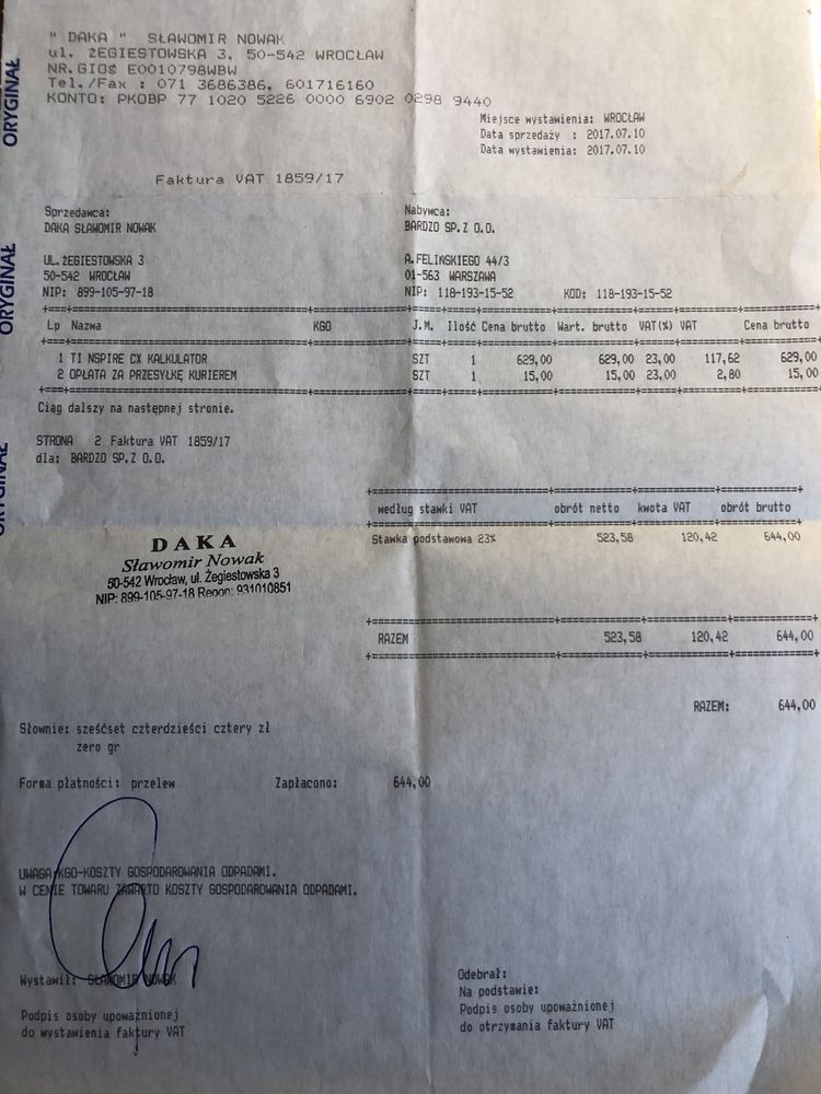 Kalkulator graficzny TI-nspire CX dowód zakupu licencja