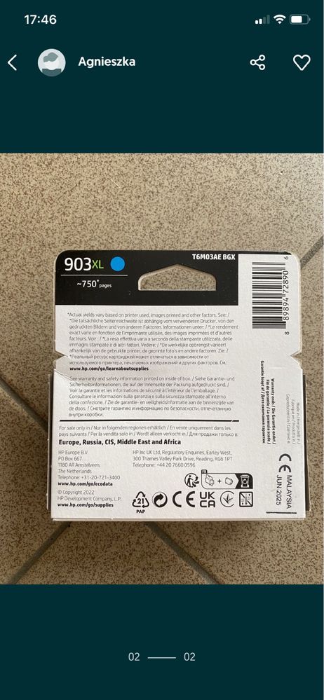 Hp 903 xl tusz do drukarki niebieski nowy
