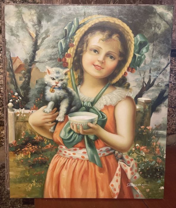 Tela menina/gato pintado à mão 60x50 cm