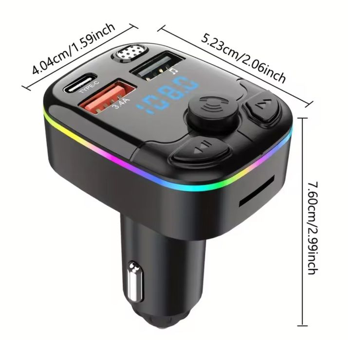 Transmiter Samochodowy Bluetooth FM, 2xUSB, 1 xUSB-C, LED RGB