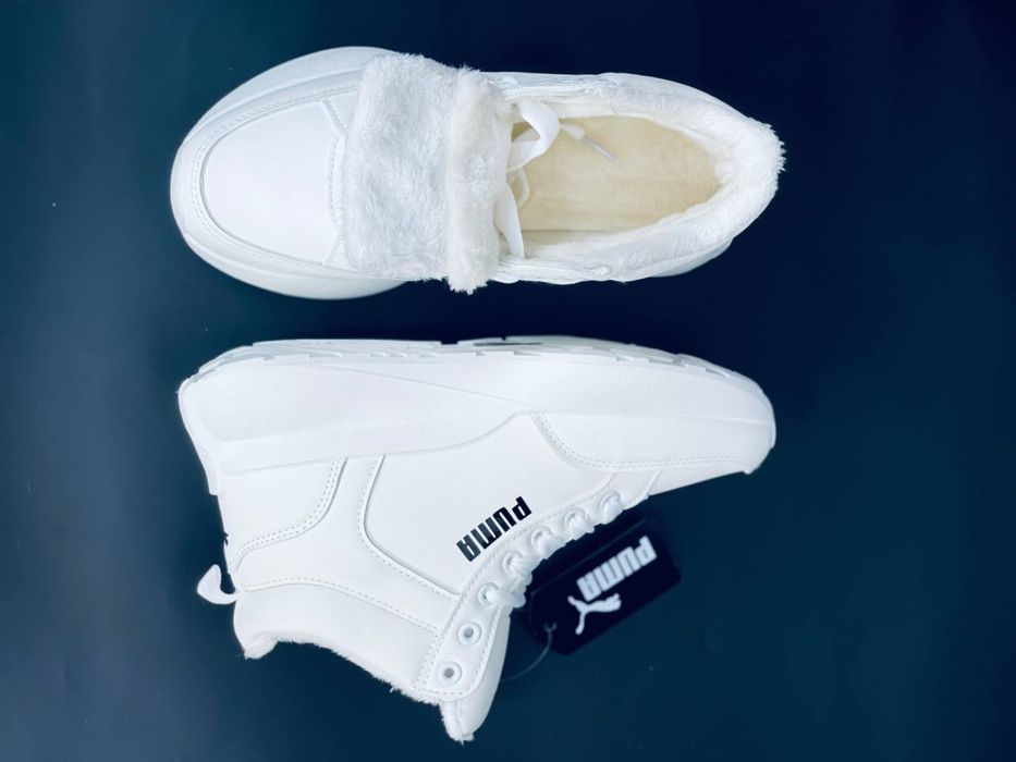Белоснежные зимние Puma с меховой подкладкой / Кожаные белые кросовки