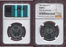 Dżibuti 5 franków, 1991 w slabie reklamowym NGC