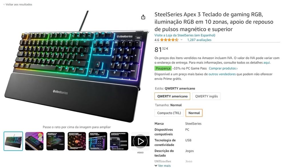 Teclado Gaming RGB SteelSeries APEx3