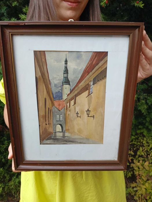 Obraz malowany AKWARELA "Piękny zaułek z wieżą kościelną"w ramie 27x33