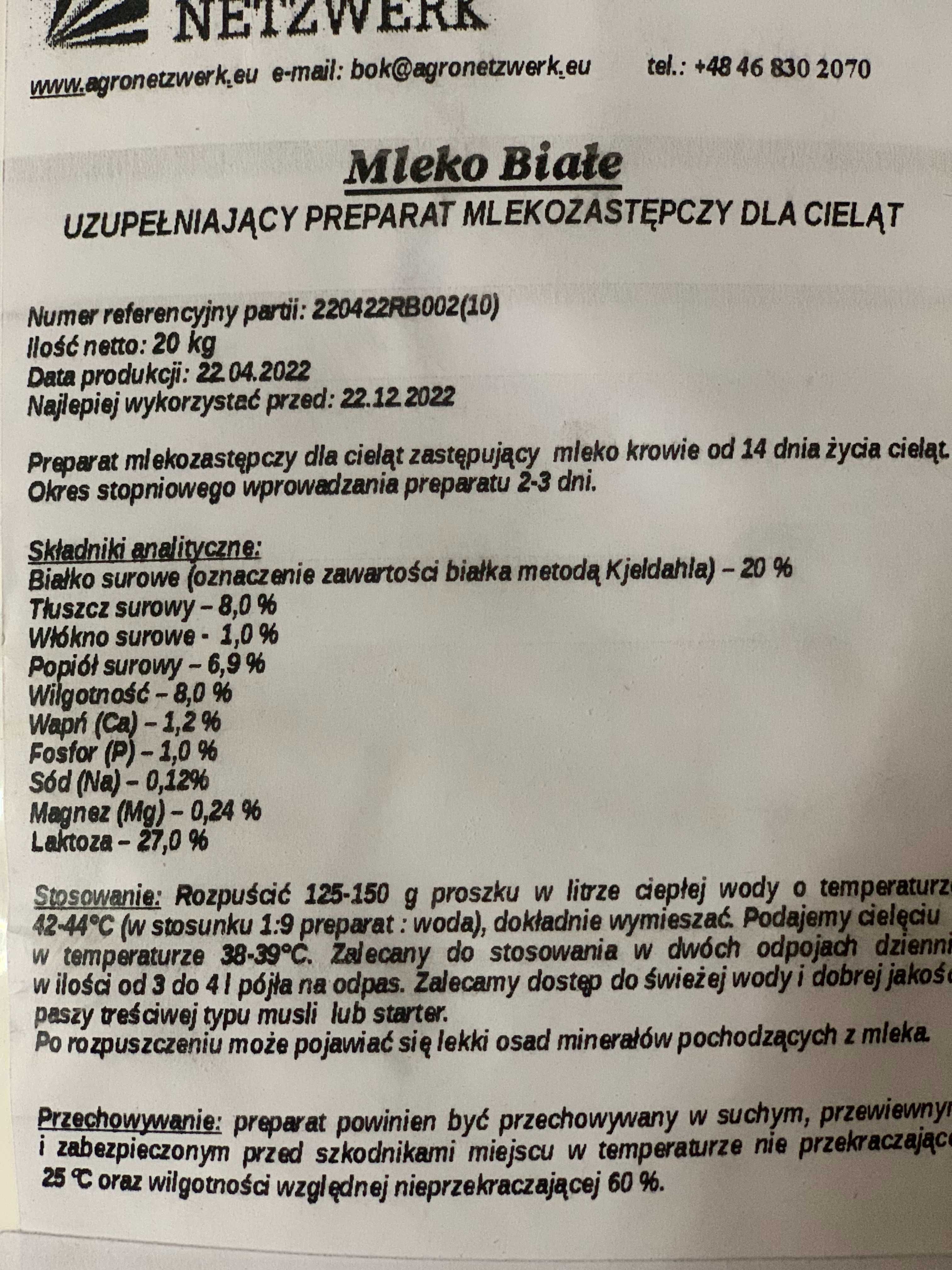 Mleko zastępcze dla Cieląt 20 kg