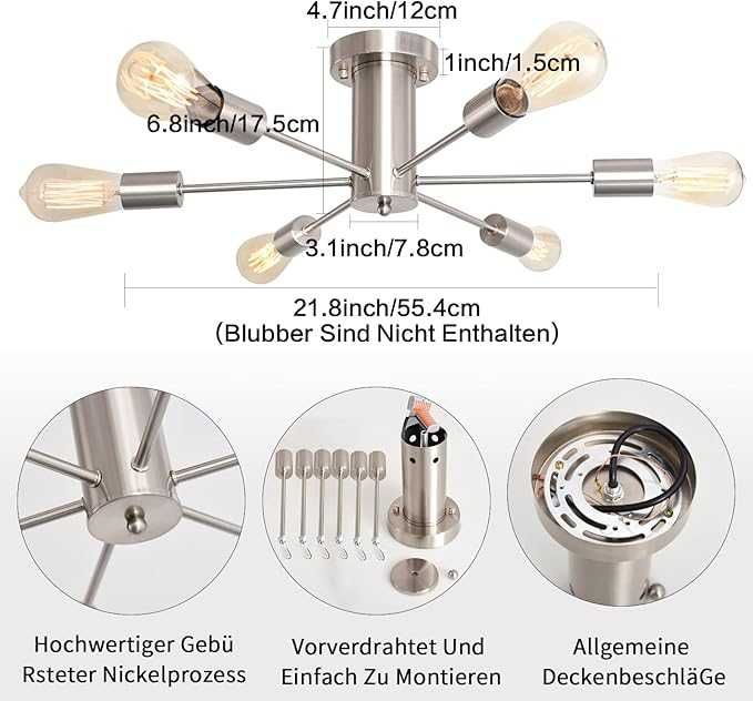 Lampa Sufitowa Vintage E27, 6-ramienna, Srebrny Nikiel Ø 56 cm