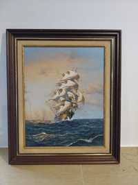 Quadro de Caravela em alto mar pintado á mão com moldura clássica