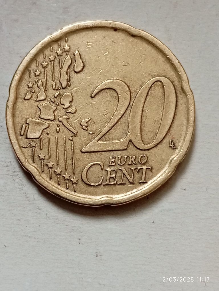 Moeda de 20 cêntimos Espanha 1999 com vários defeitos.