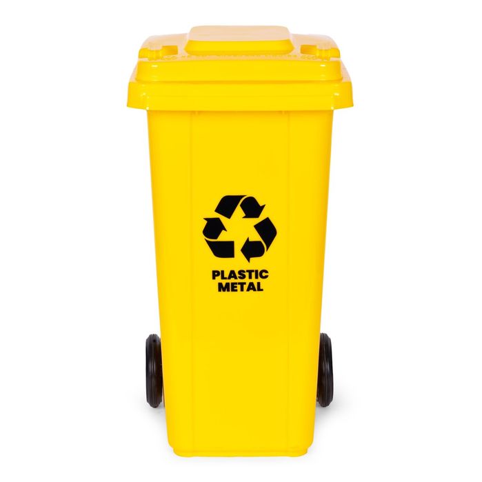 Kosz na smieci pojemnik 120L kubeł śmietnik żółty plastik gumowe koła