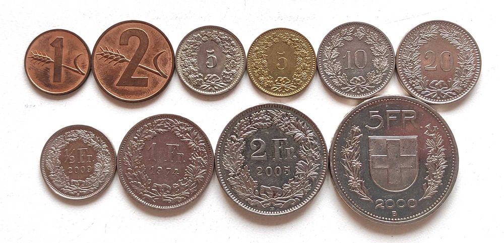 Набор монет Швейцарии (раппены, франки), 10 шт
