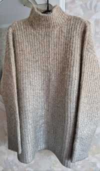 Ciepły sweter półgolf Zara r. L, cieniowany beż, srebrzyste przetarcia