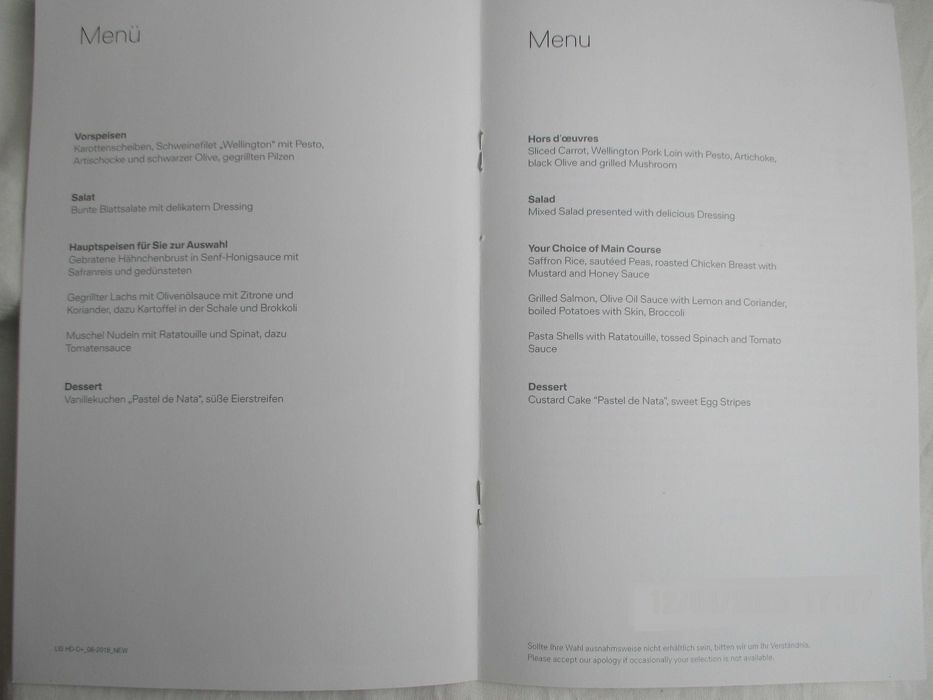 Lufthansa - Ementa Classe Executiva