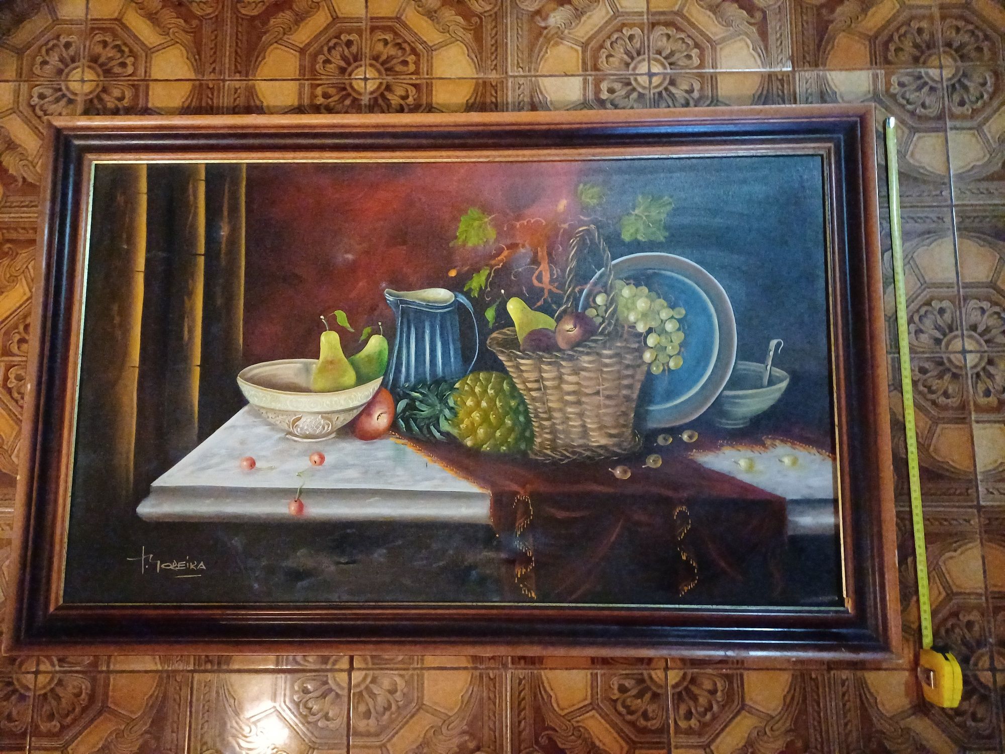 Quadro grande antigo anos 70/80. Mesa com frutas. 110x70cm