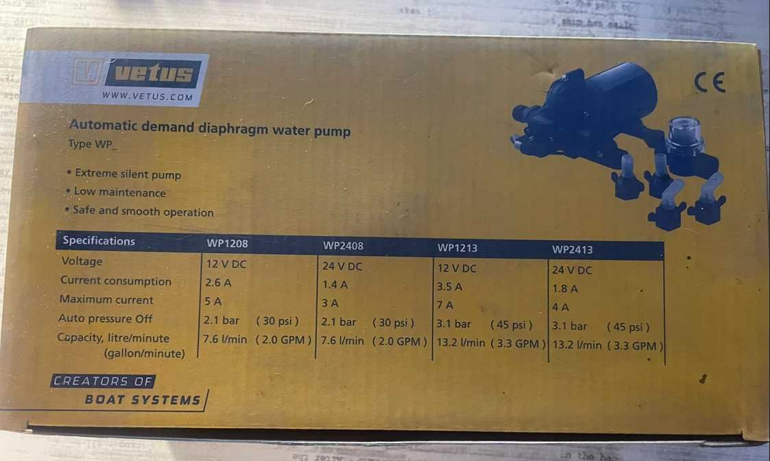 Pompa do ciśnieniowych systemów wodnych Vetus 8 l/MIN,24V