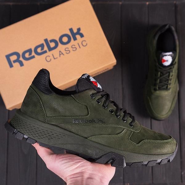Стильные мужские кроссовки Reebok зеленые, кожаные кроссы
