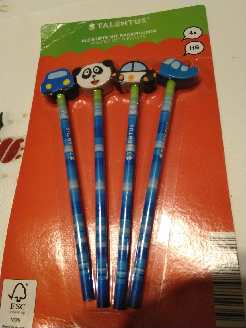 Ołówki z gumką Panda Policja Samolot Autko 4szt
