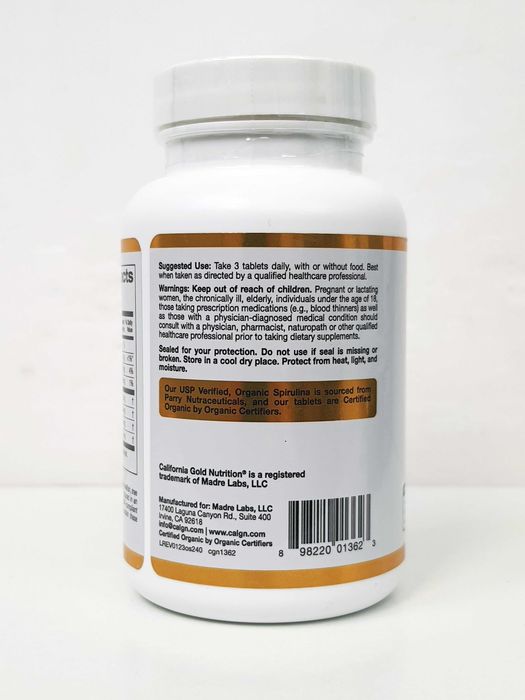 Органічна спіруліна California Gold Nutrition, 500 мг, 240/720 таб