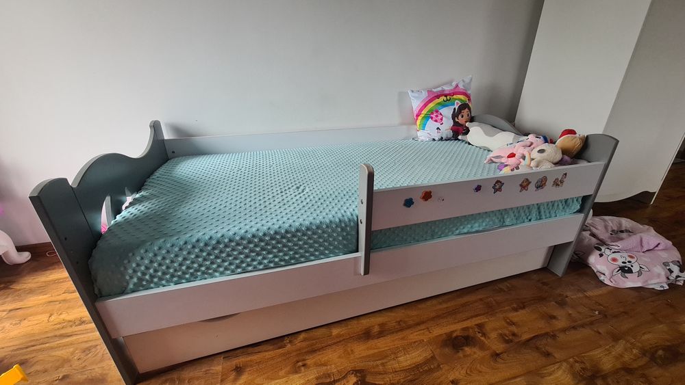 Łóżko biało szare drewniane dla dziecka 80×160cm plus materac 17cm