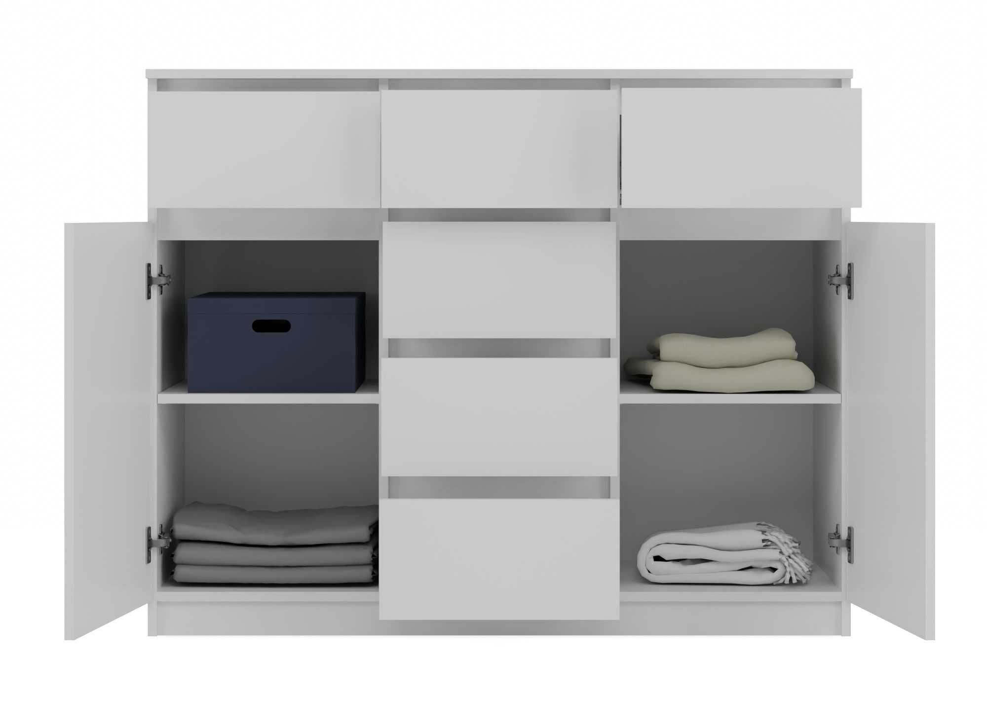 KOMODA 2D6S BIAŁA Szafka 120 cm 6 Szuflad 2 Drzwi Do Salonu