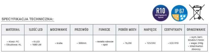 Lampa robocza szperacz halogen 1680Lm 15W 6-led Bielsko