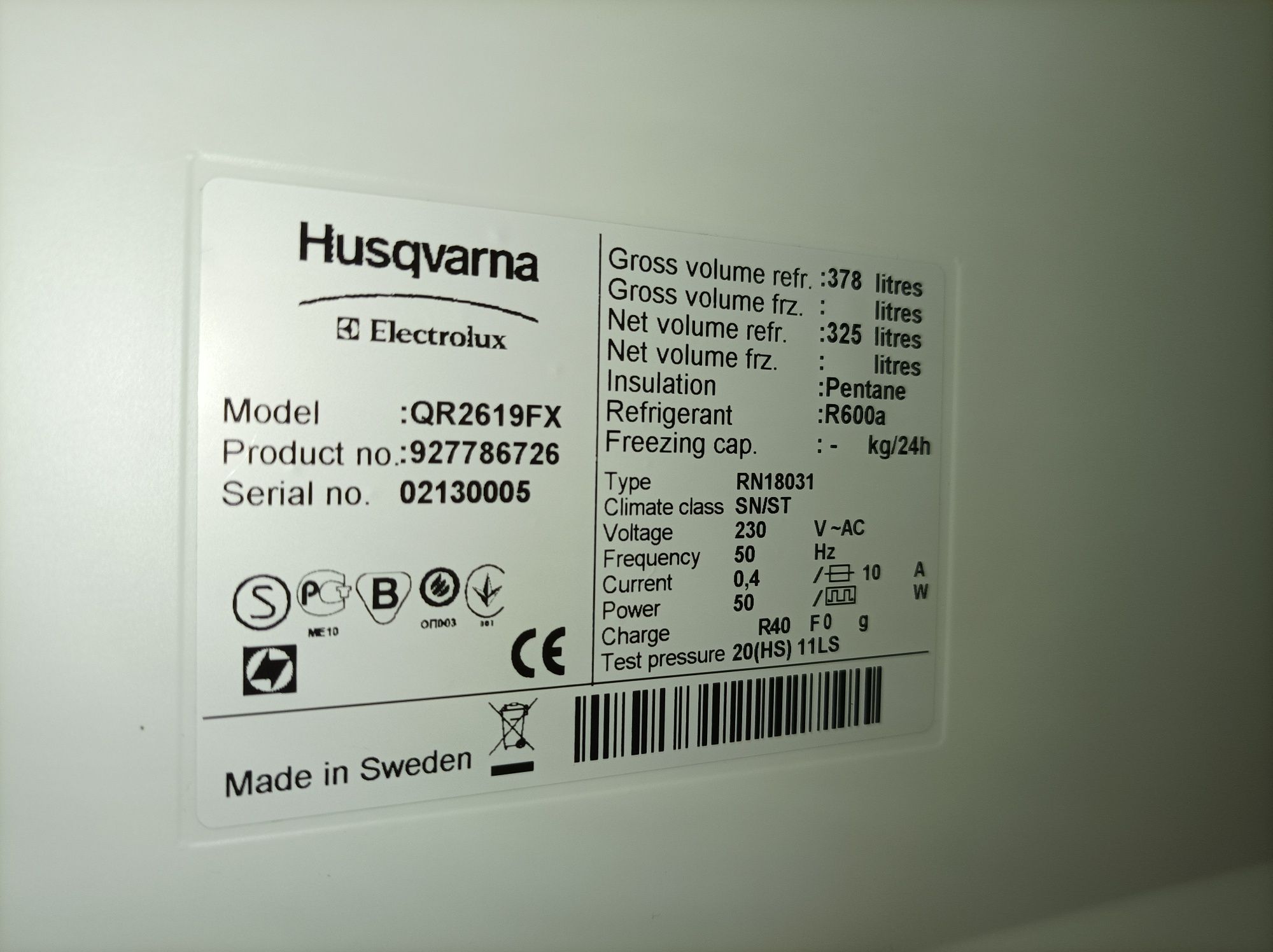 Холодильна і морозильна камери комплект Husgvarna/Electrolux