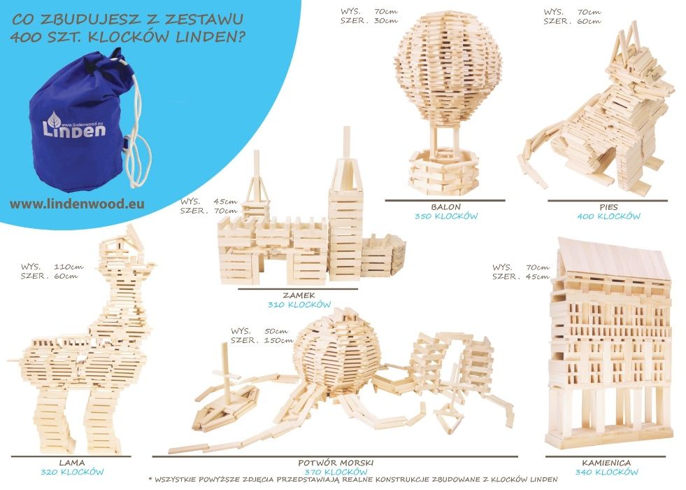Klocki drewniane polskie 400 szt. w worku dla chłopca dziewczynki