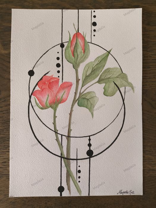 Obraz kwiaty - nowoczesna akwarela na papierze 20,5x29,5 cm "Róże"