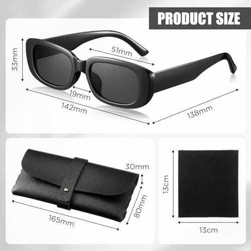 Retro prostokątne okulary przeciwsłoneczne vintage etui czarne nowe