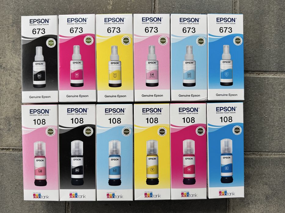 Чернила Epson 108 и 673 для шести цветных принтеров