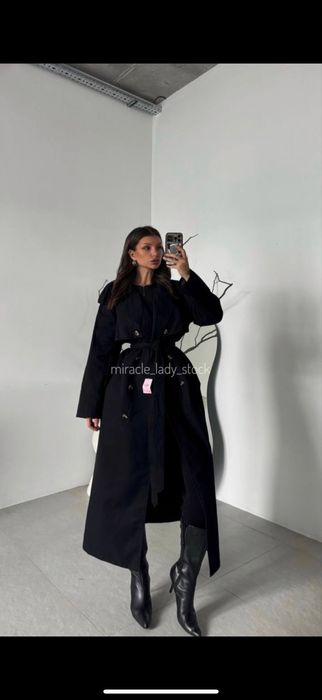 Чорний котоновий тренч з поясом на підкладі