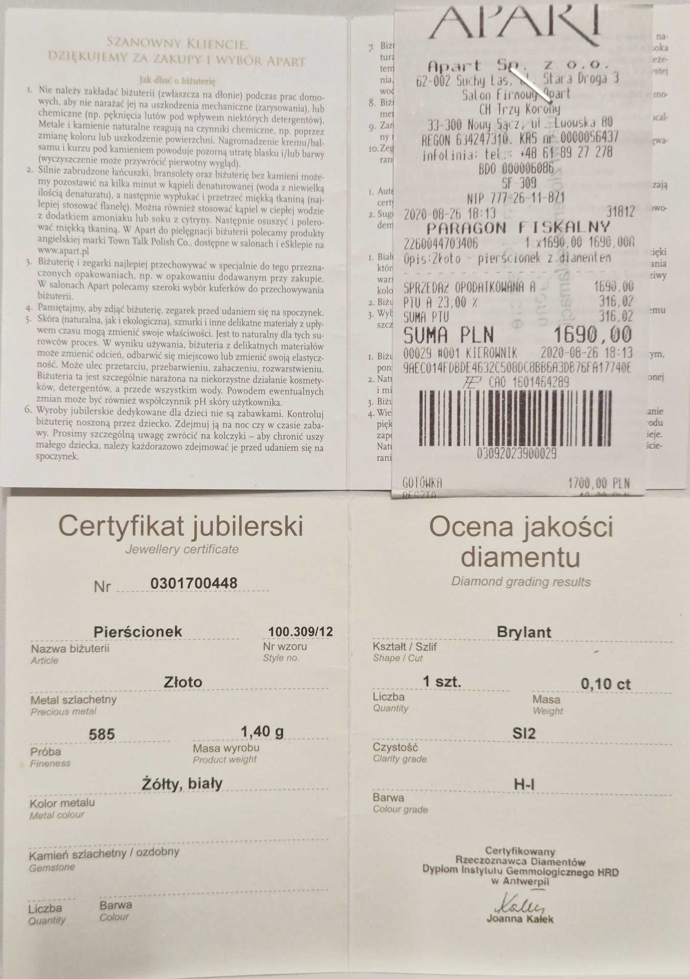 Złoty Pierścionek pr. 585 z Brylantem 0,10 ct