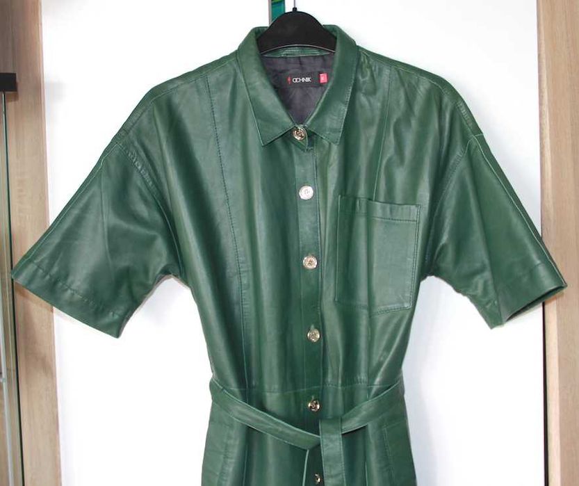 ochnik skora skórzana sukienka koszula szmizjerka zielona xs 34 36 s