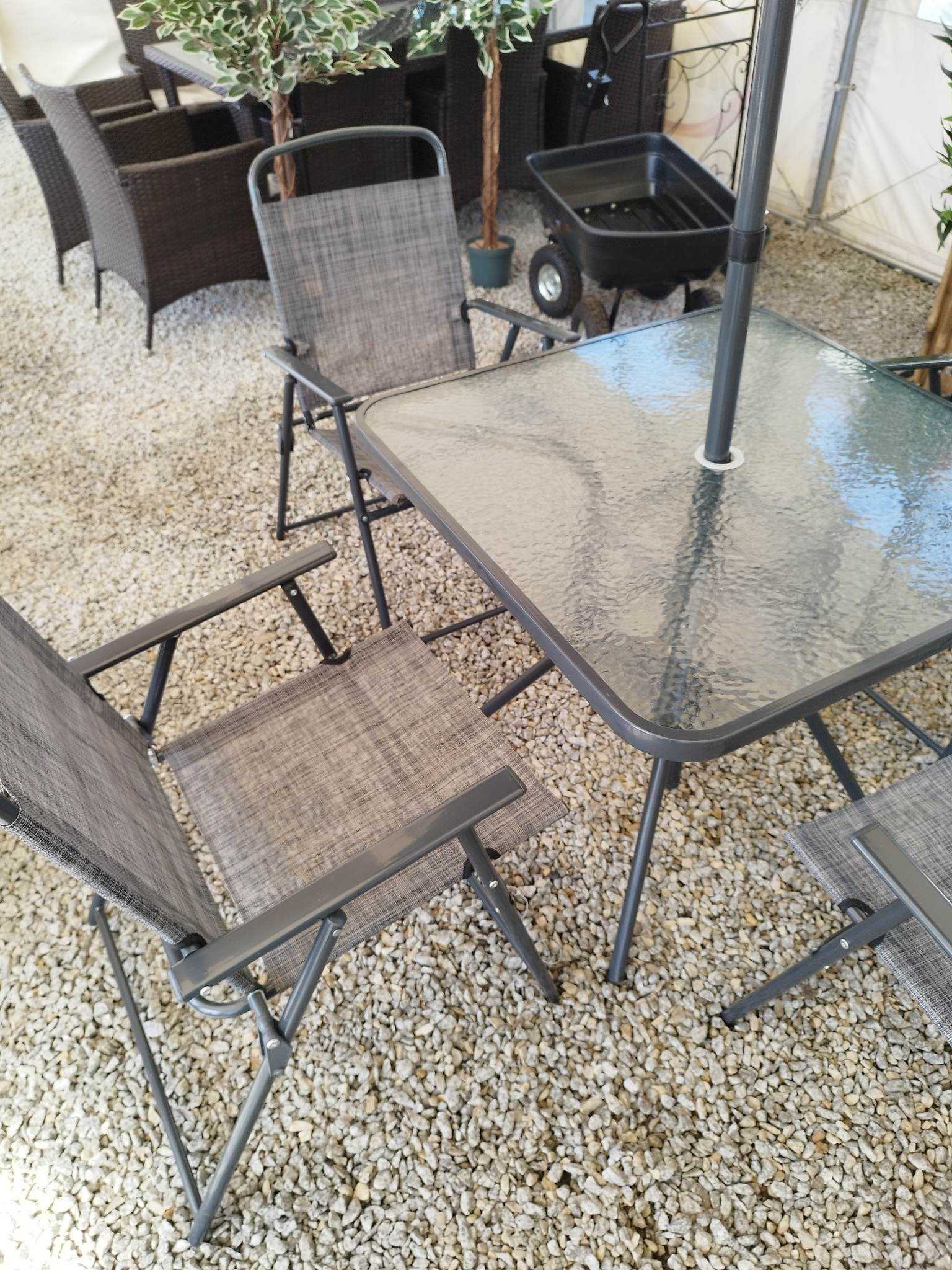 Zestaw mebli ogrodowych stół 4 krzeseł parasol WYPRZEDAŻ EKSPOZYCJI