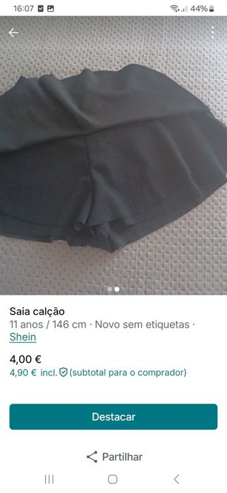 Saia calção preta 11/12 anos