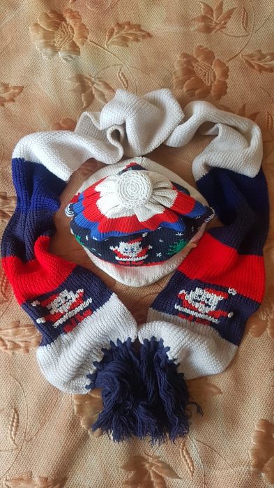 шапка дитяча подвійна вовна + шарф в'язаний трикотаж шерсть руч. вышив