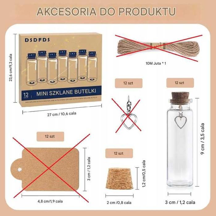 12x mini BUTELECZKA z korkiem ozdobna 45ml 3x9cm Zestaw