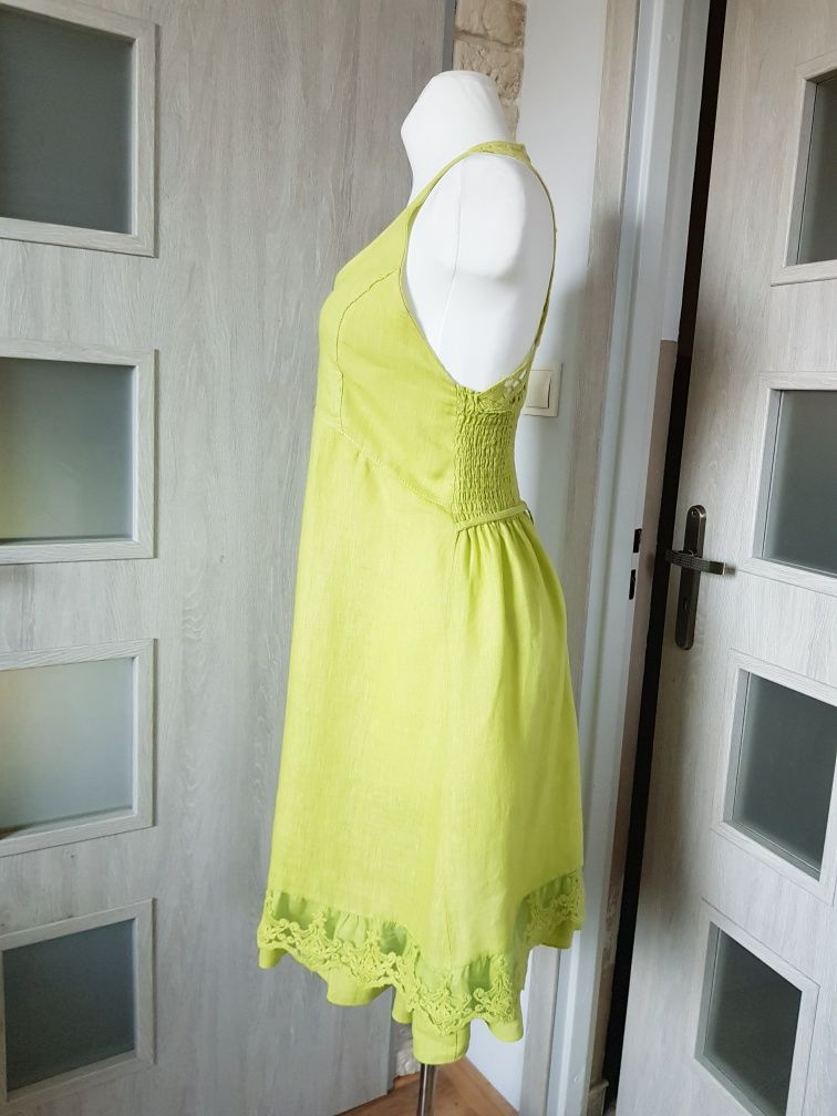 Letnia lniana limonkowa sukienka z koronką  S M