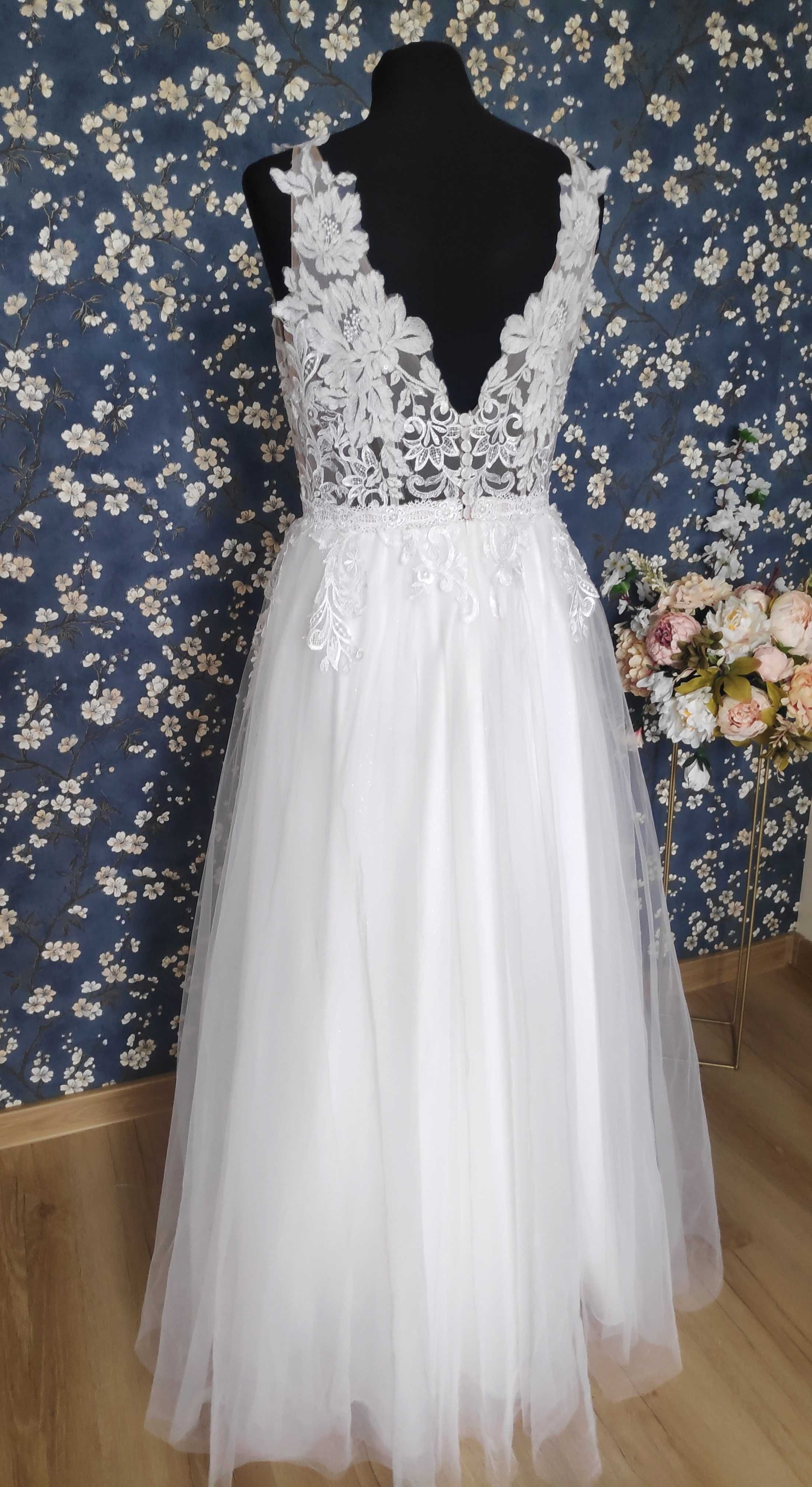 suknia ślubna biała z brokatową spódnicą Nowa
