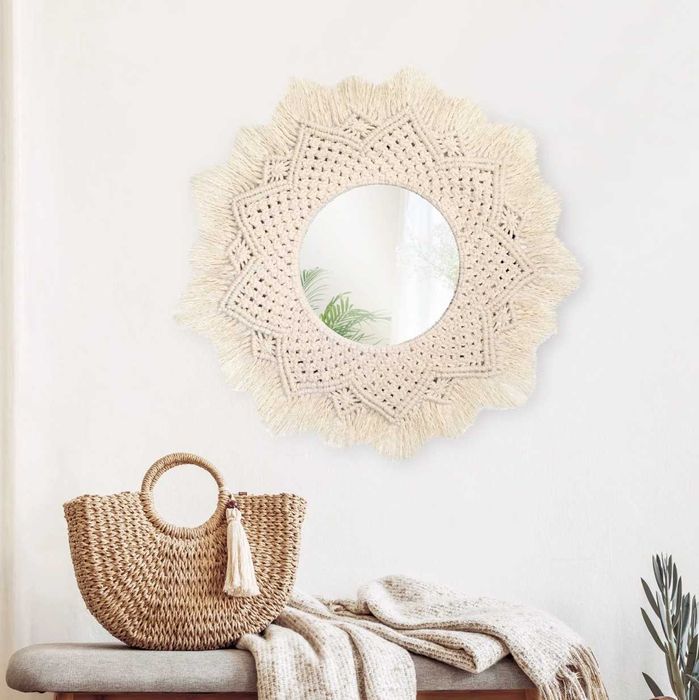 Nowe lustro ścienne boho okrągłe 60 cm makrama beż naturalne