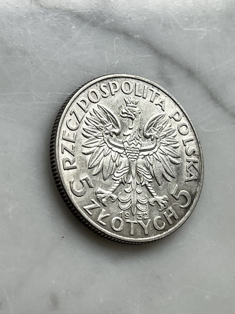 5zł, głowa kobiety z 1932r. Świetny stan, srebrna moneta