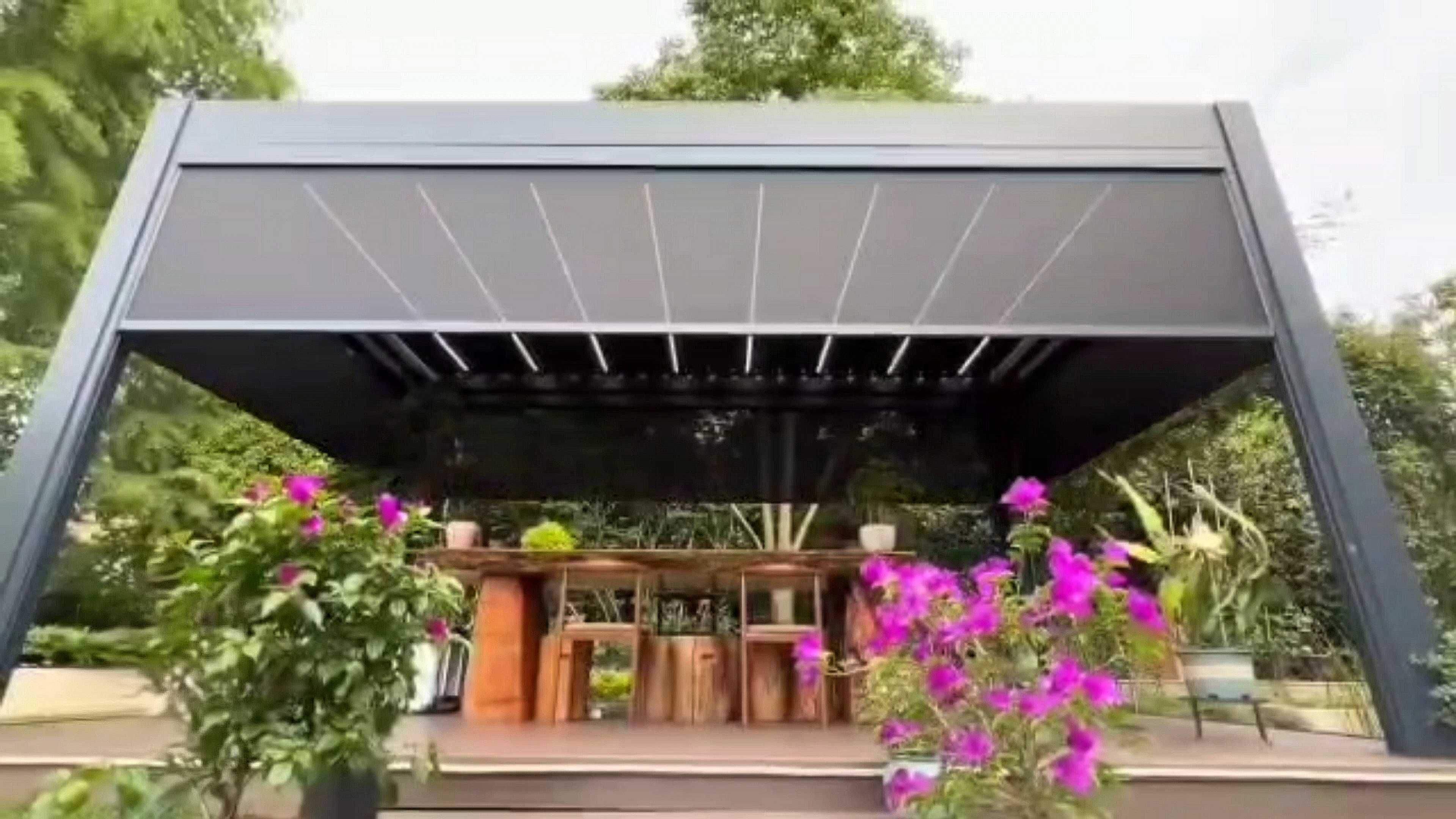 Pergola aluminiowa 5x4m, lamelowa, elektryczna, LED, 3 rolety ZIP